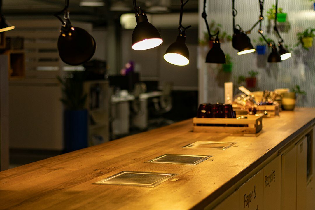 Bright welcoming reception office with wooden furniture