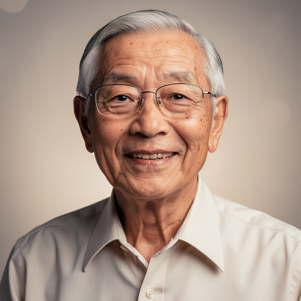 Portrait of a cheerful elderly Japanese man with glasses